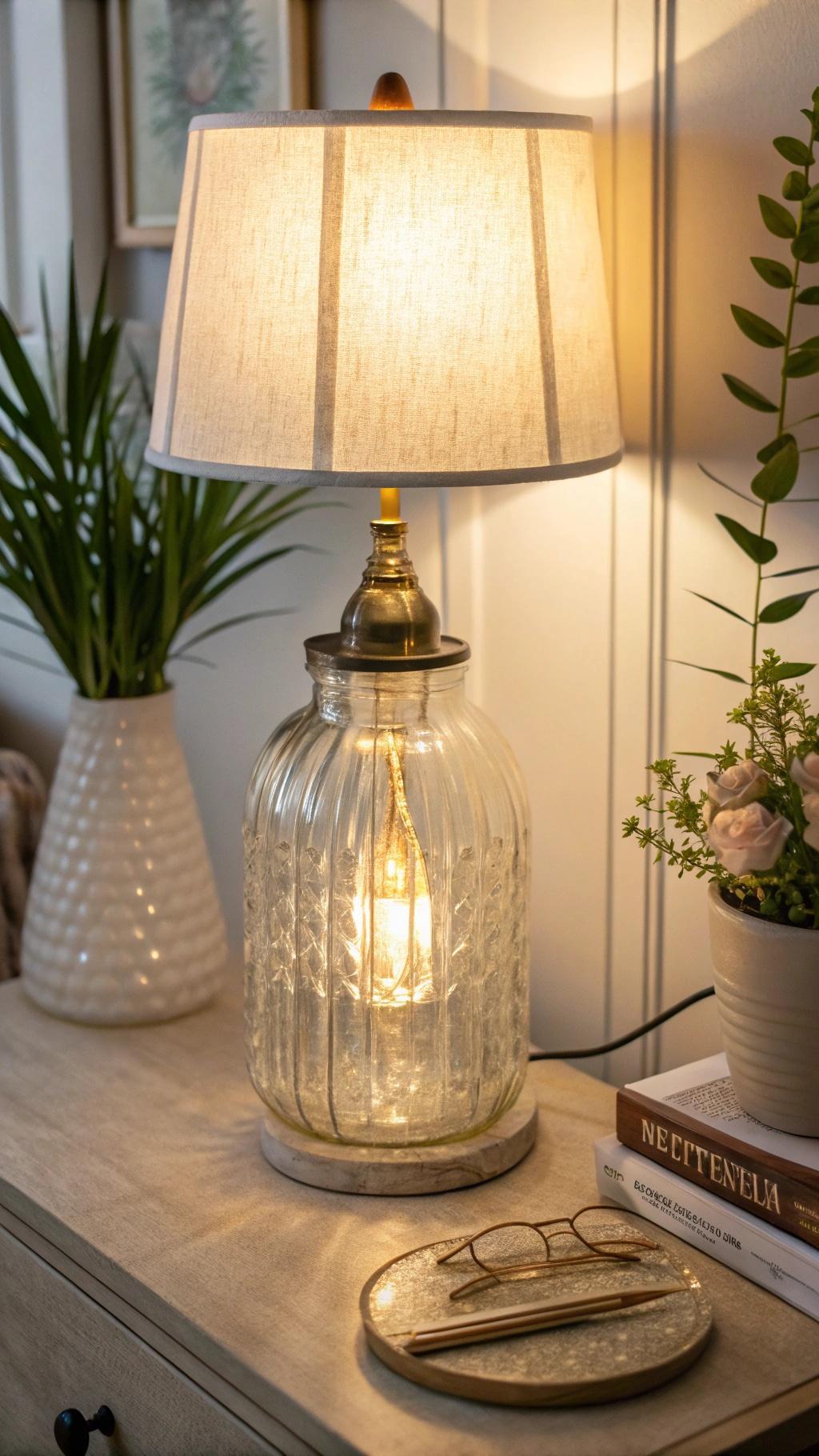 Luminária feita de frasco de vidro com uma luz suave e calorosa.