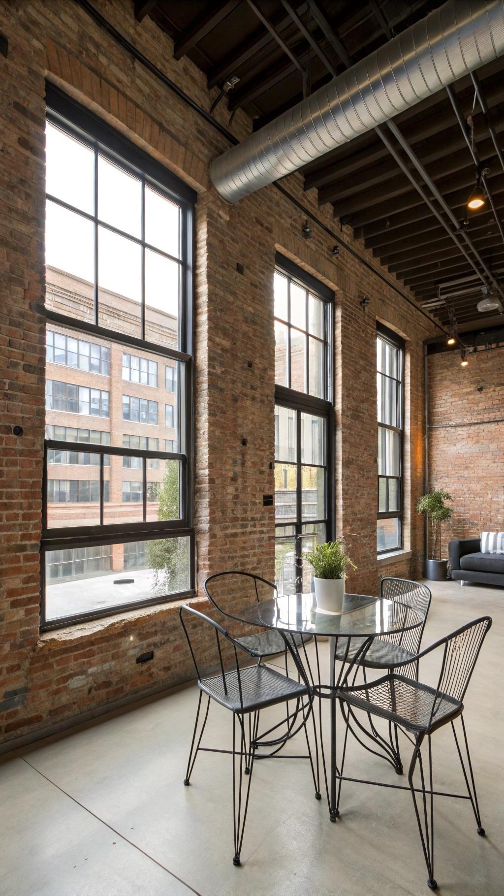 Loft de estilo industrial chique com paredes de tijolos expostos, móveis de metal e grandes janelas.