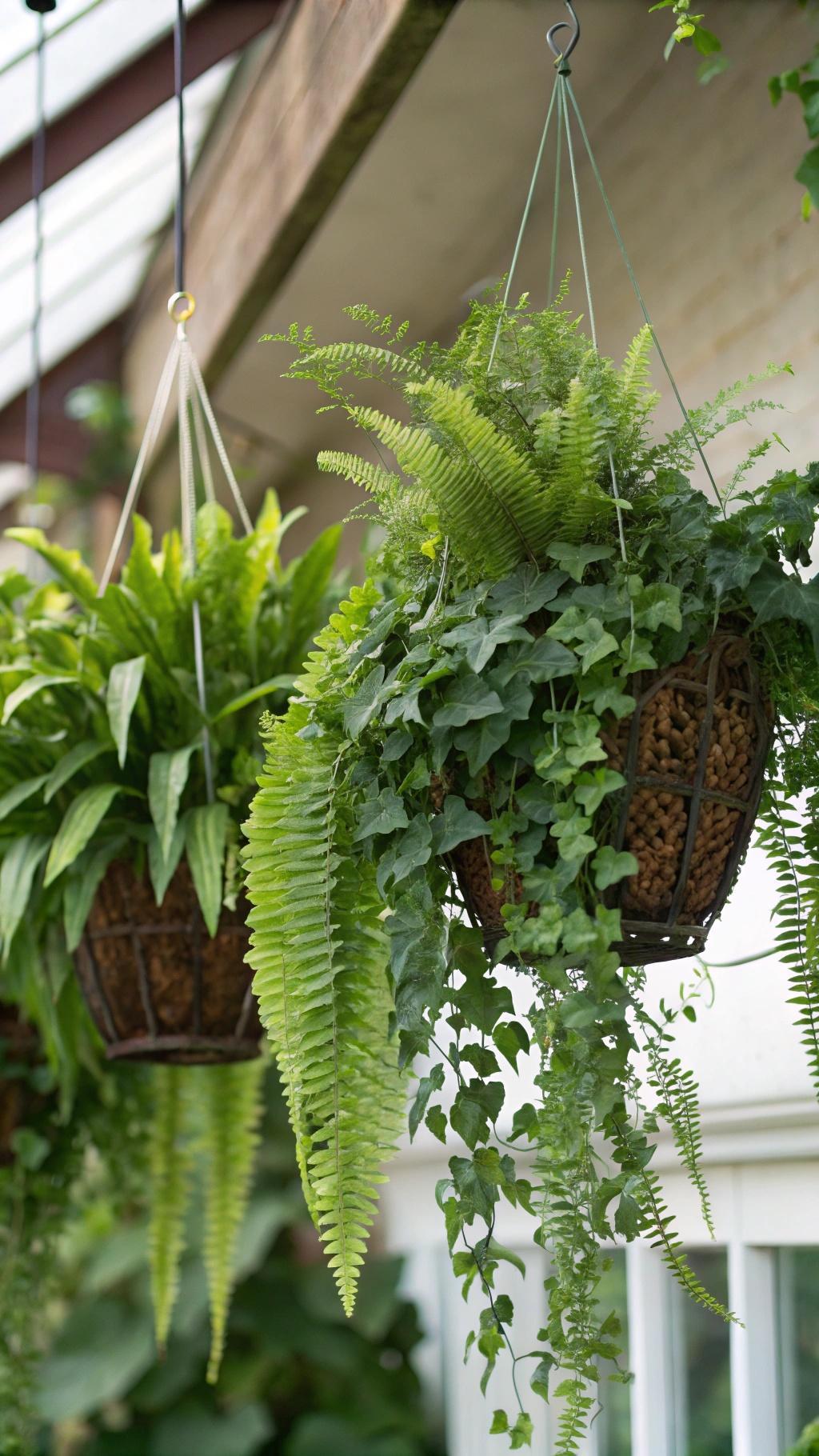 Plantas suspensas como samambaias e heras caindo de pequenos vasos decorativos.
