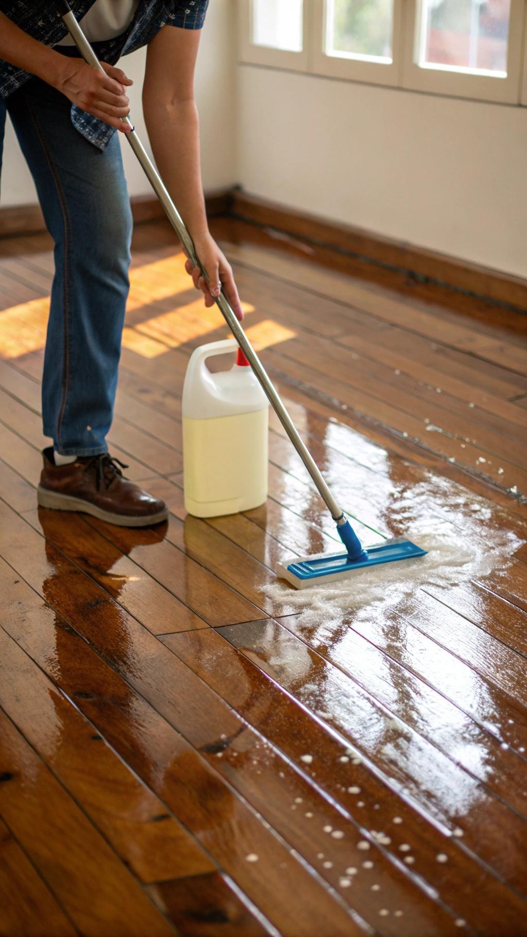 Limpeza com vinagre e água deixando o piso de madeira brilhante.