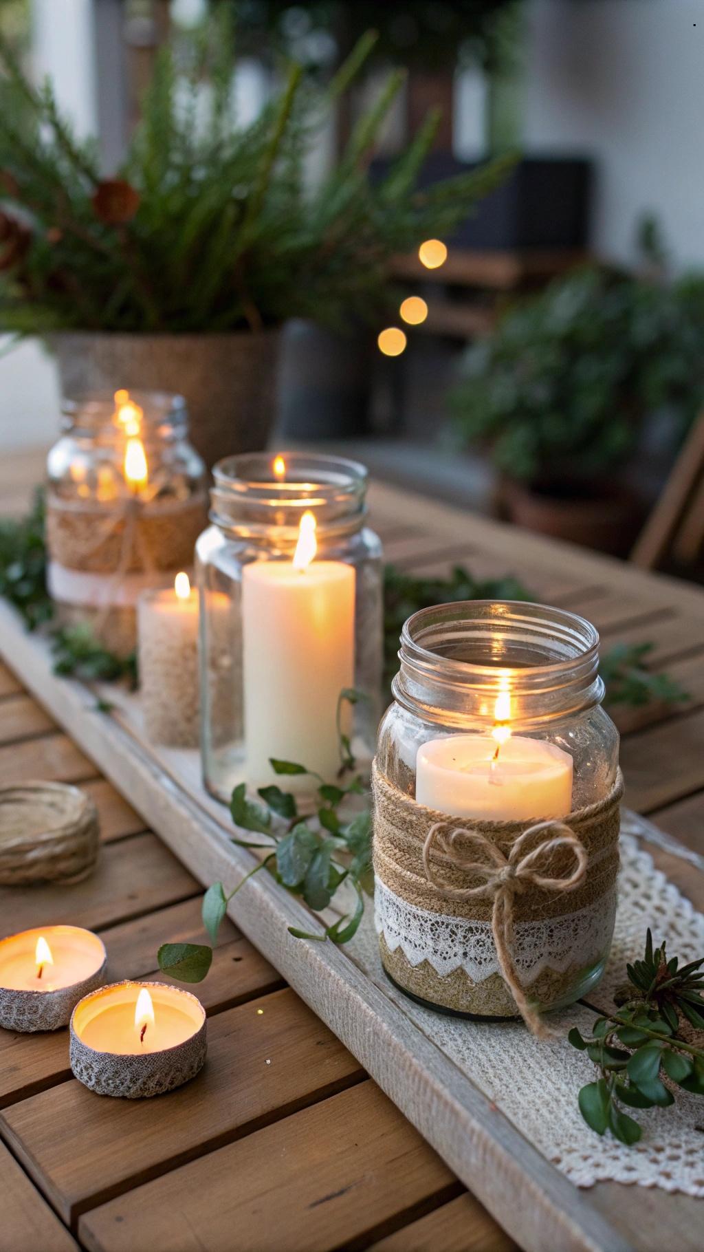 Frascos de vidro usados como porta-velas decorativos, criando um ambiente acolhedor.