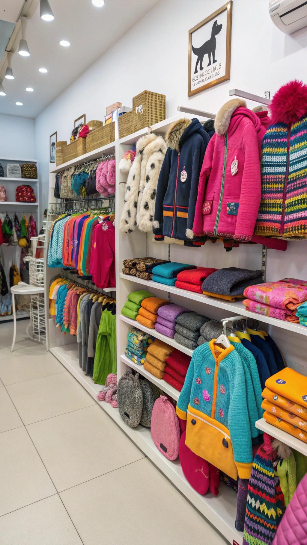 Loja Cobasi repleta de roupas para pets, incluindo agasalhos e acessórios para inverno.