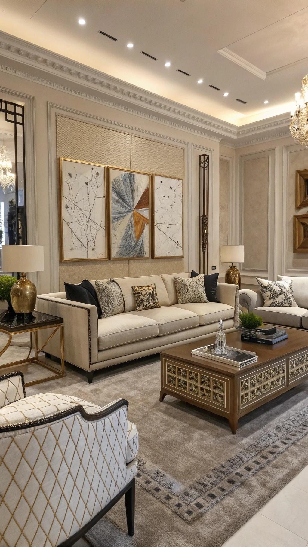 Sala de estar luxuosa com formas geométricas ousadas e móveis vintage elegantes.