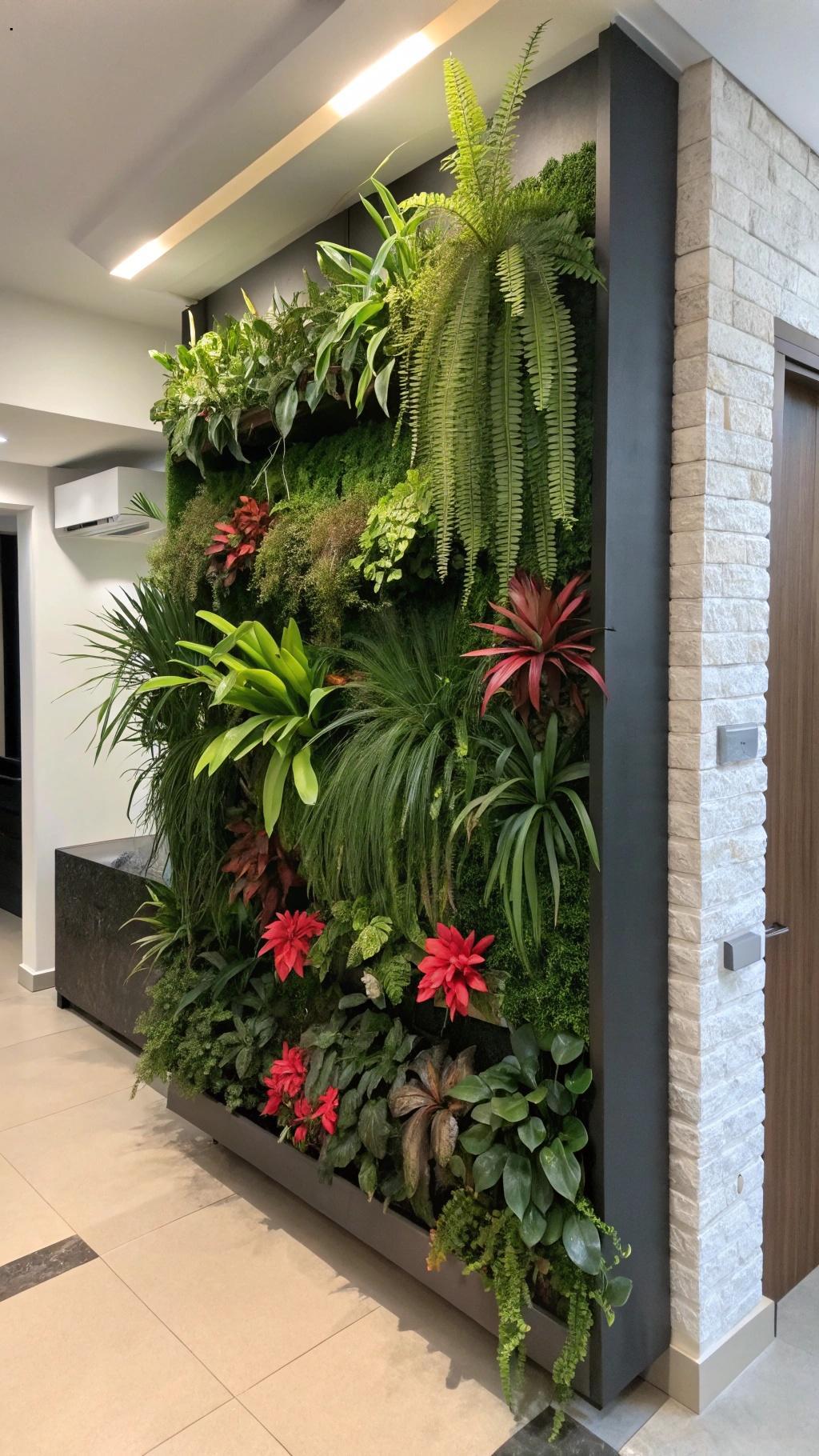 Jardim vertical com diversas plantas crescendo em uma estrutura montada na parede de um apartamento moderno.