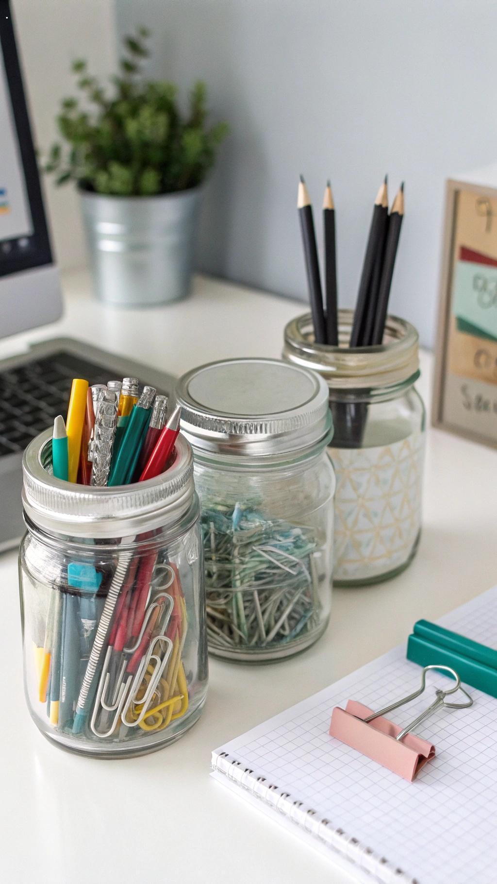 Frascos de vidro usados como organizadores de mesa, com itens de escritório arrumados.