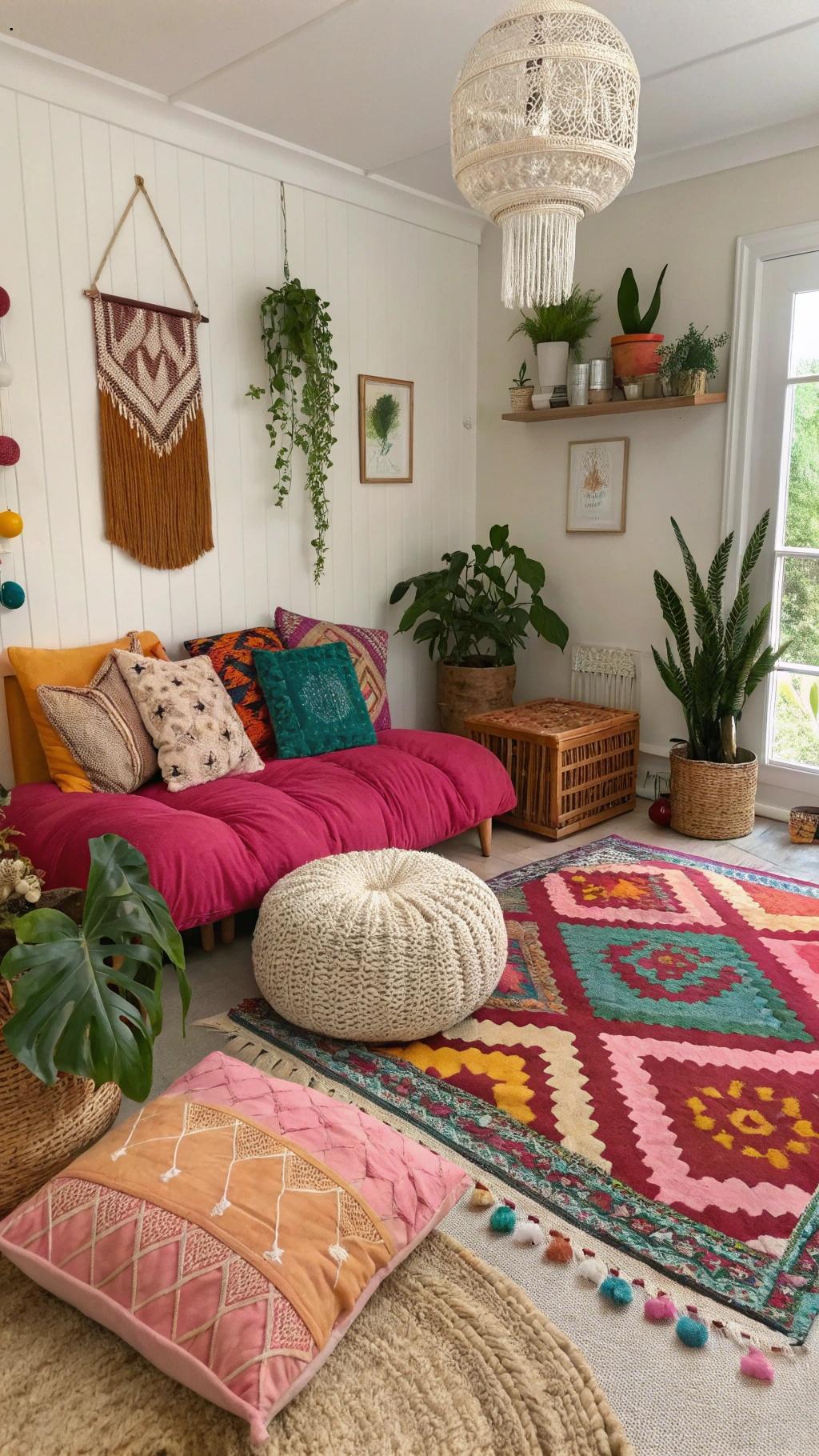 Ambiente boho chic com cores vibrantes, têxteis aconchegantes e atmosfera relaxante.
