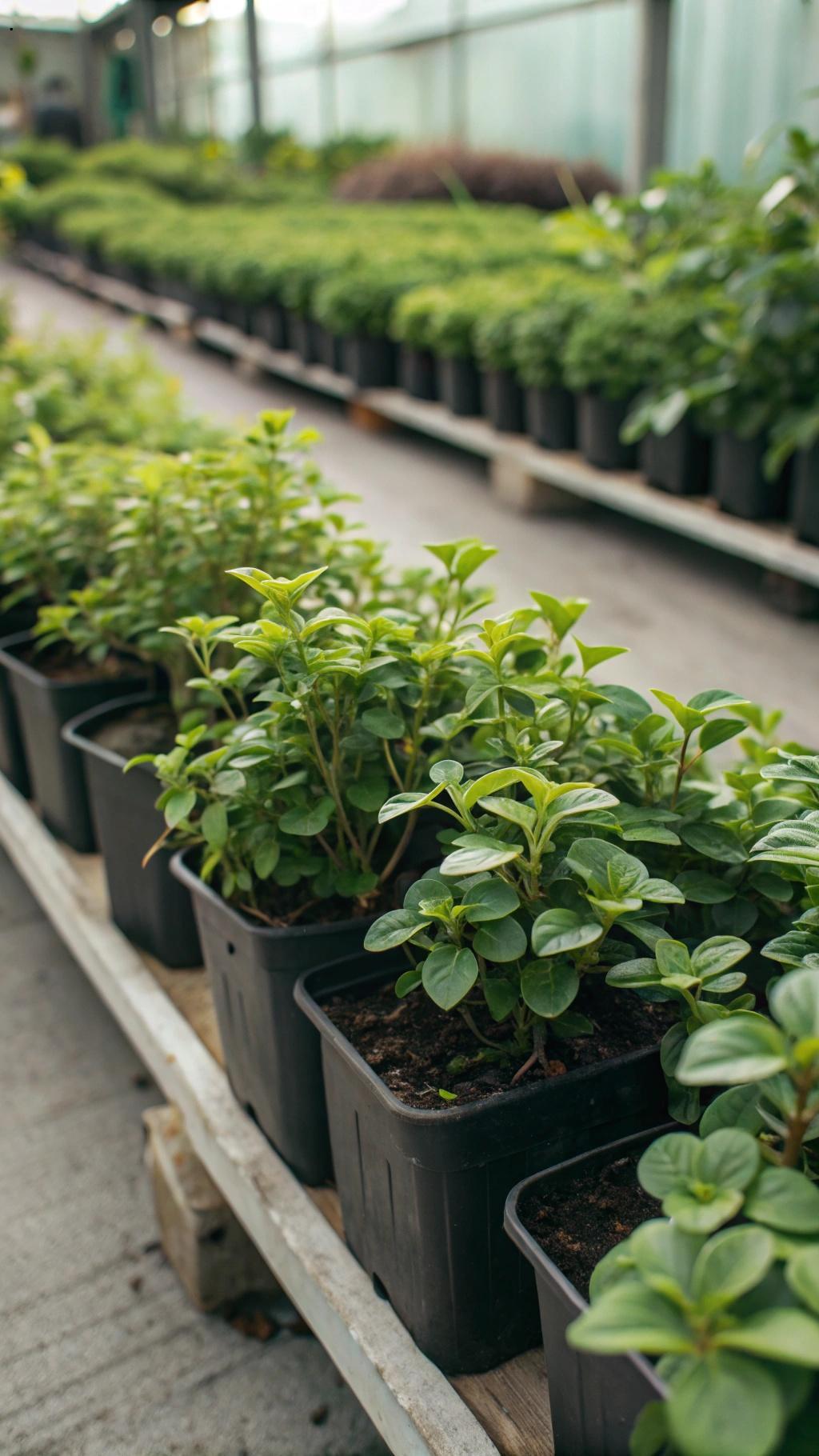 Canto com plantas de folhas pequenas dispostas em vasos compactos e organizados.