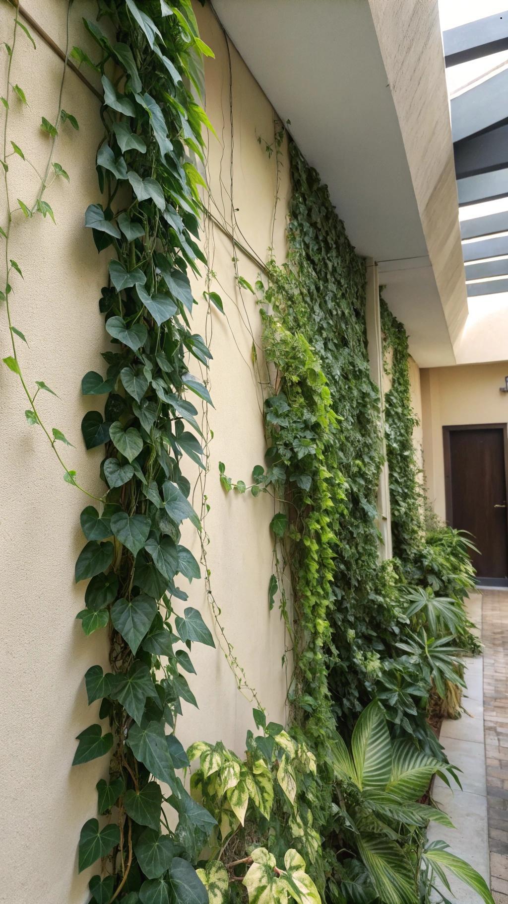 Coleção de plantas trepadeiras como hera ou pothos crescendo pelas paredes de um apartamento pequeno.