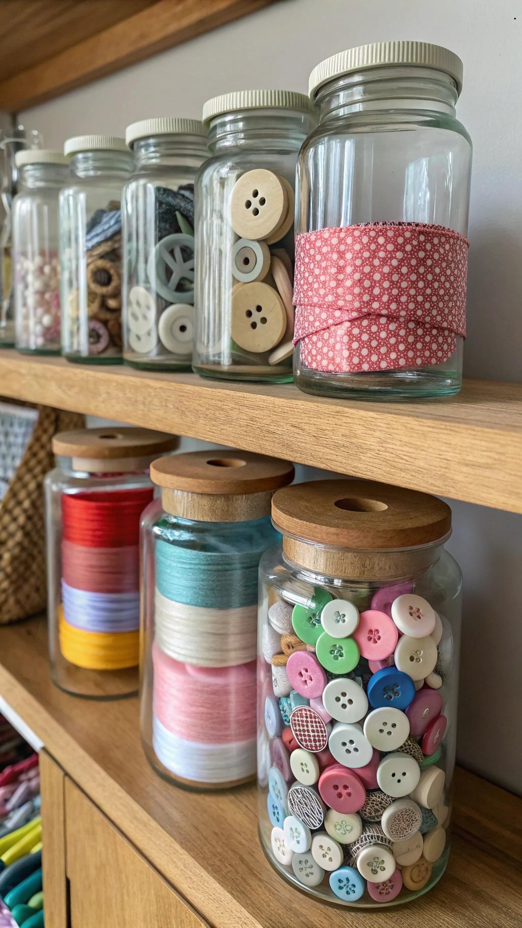 Frascos de vidro usados para organizar materiais de artesanato, como botões e fitas.