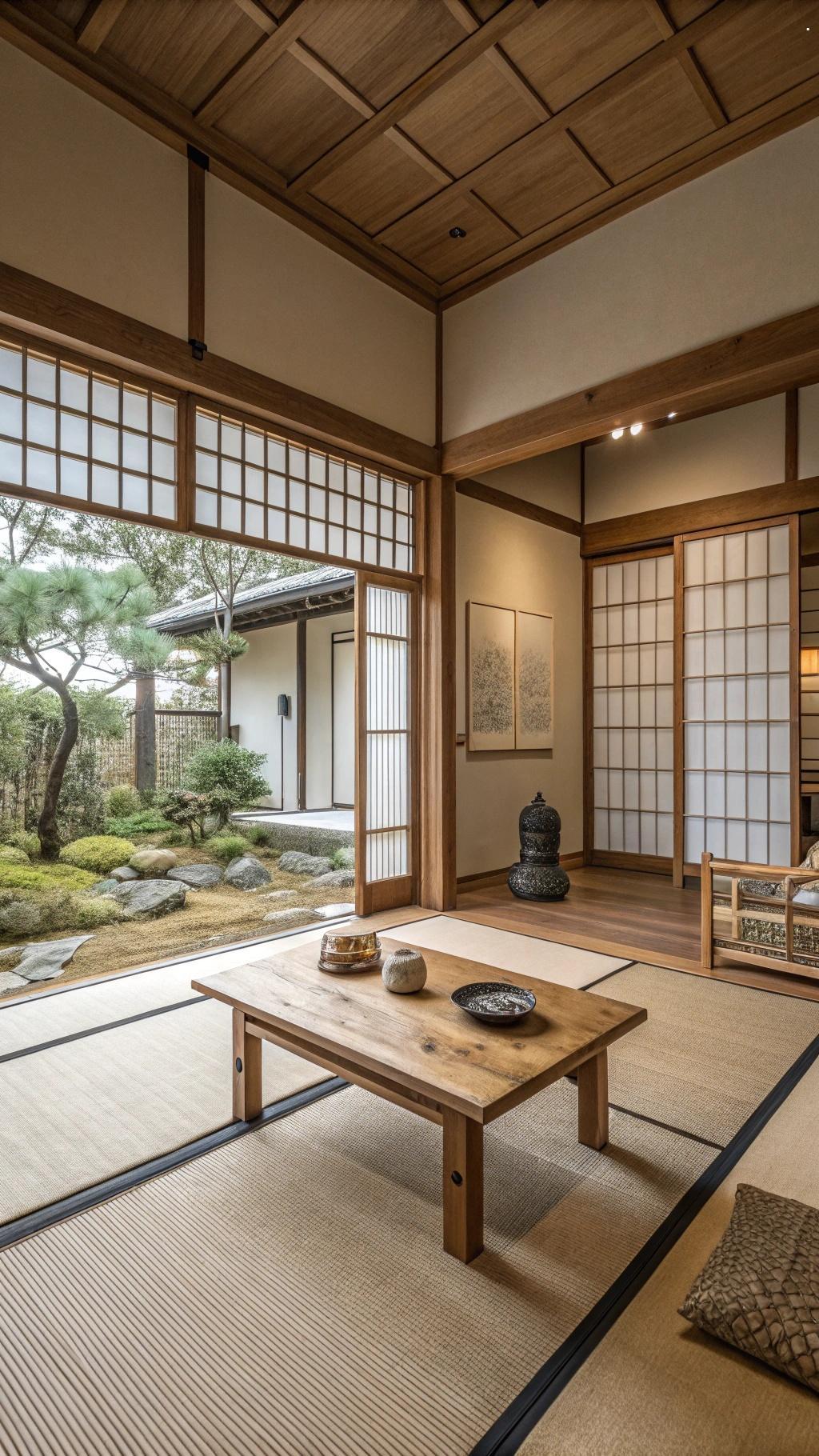 Ambiente inspirado no Japão com design minimalista, tons neutros e materiais naturais.