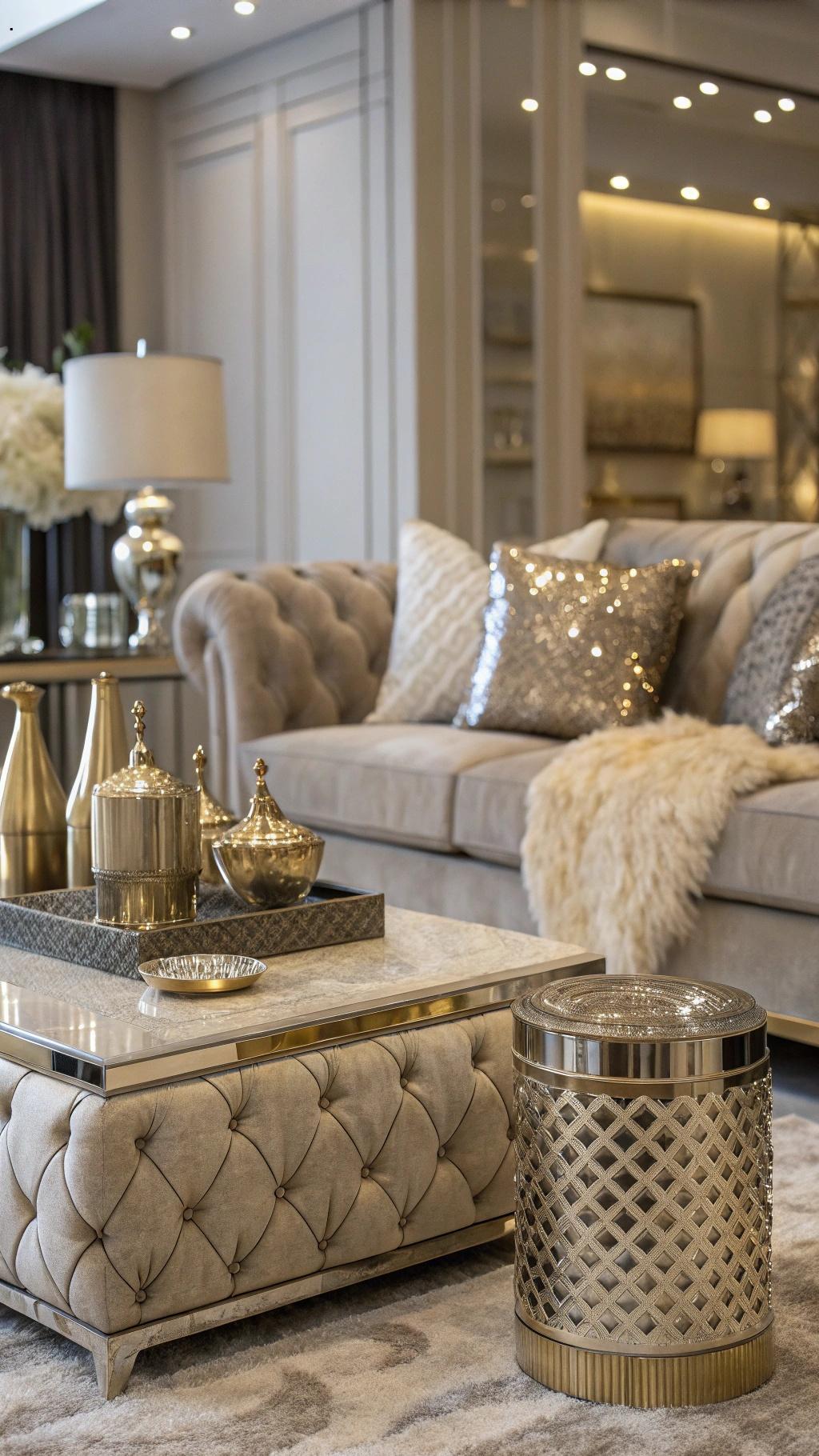 Sala de estar com glamour contemporâneo, acabamentos luxuosos, tecidos macios e detalhes metálicos.