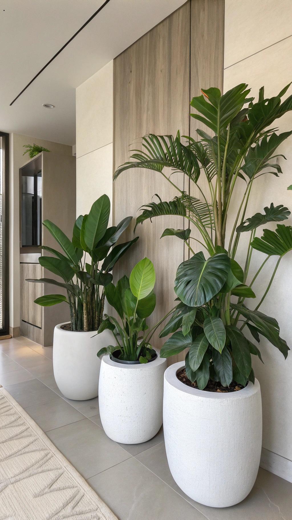 Plantas de folhagens grandes em vasos minimalistas, criando um ambiente elegante em um canto de um pequeno cômodo.
