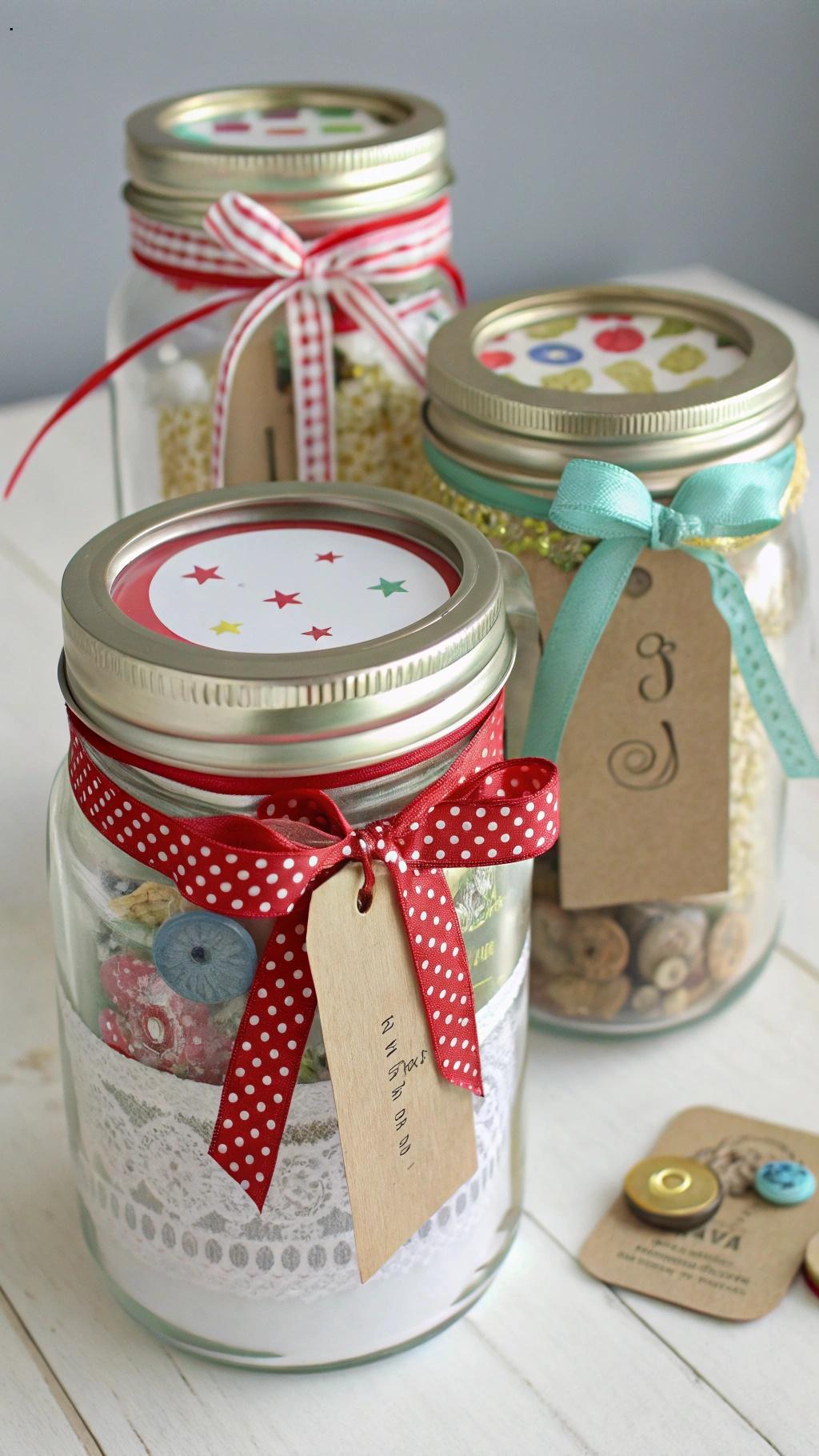 Frascos de vidro usados como recipientes para presentes personalizados, com decoração charmosa.