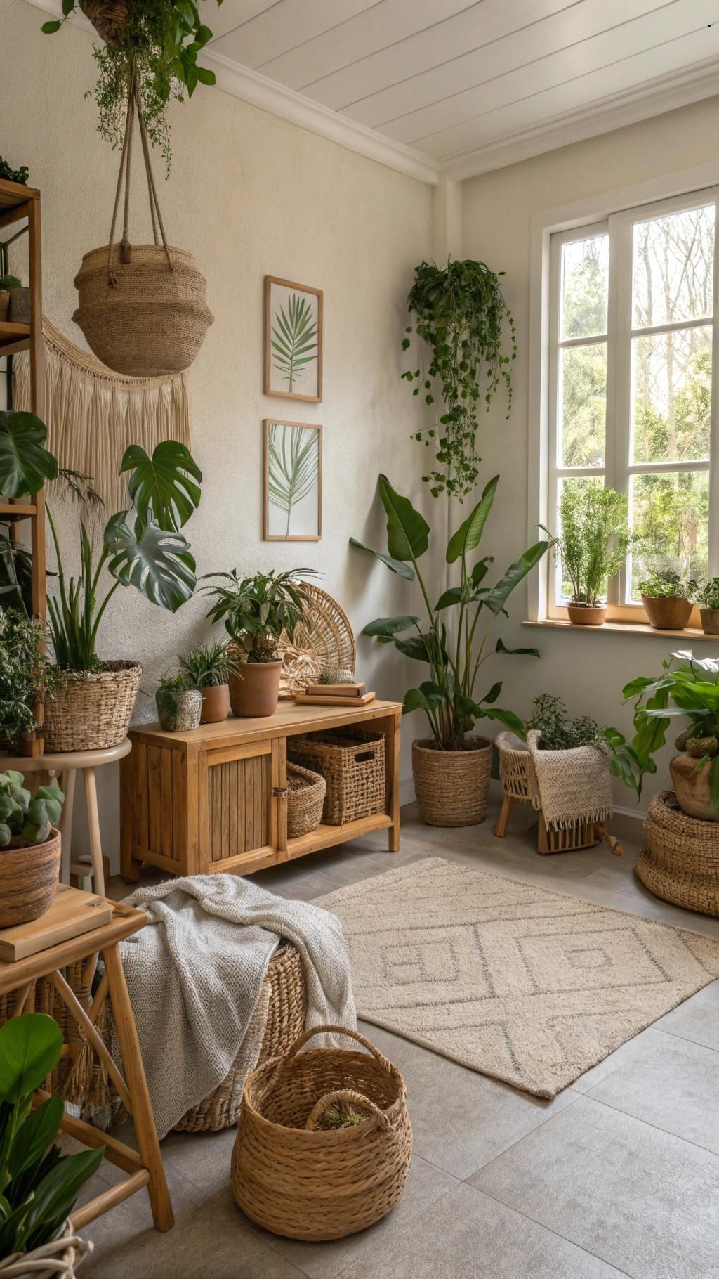 Espaço de estar natural e orgânico com tons terrosos, plantas e texturas naturais.
