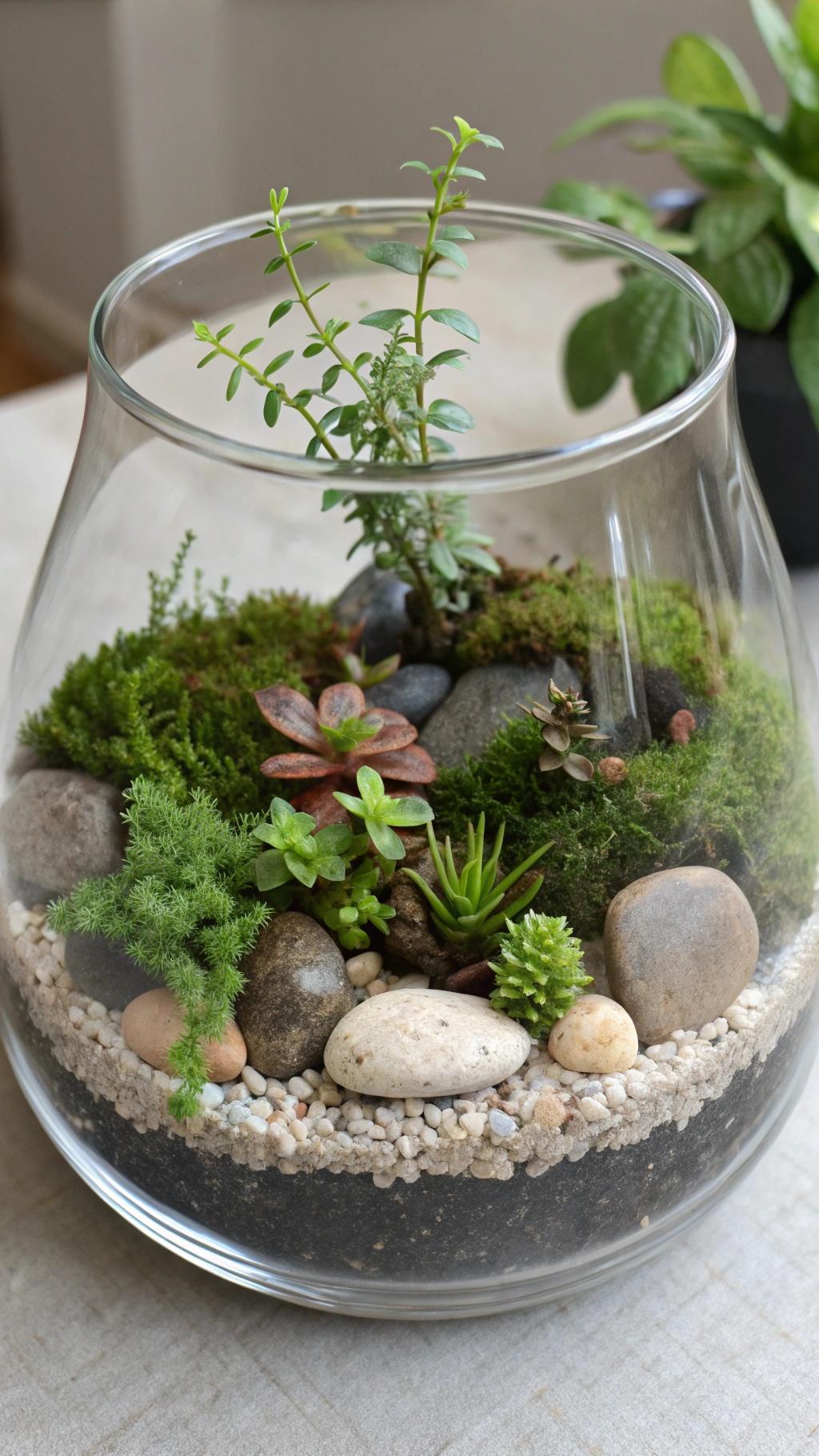 Terrário pequeno com plantas e pedras decorativas, criando um mini ecossistema.