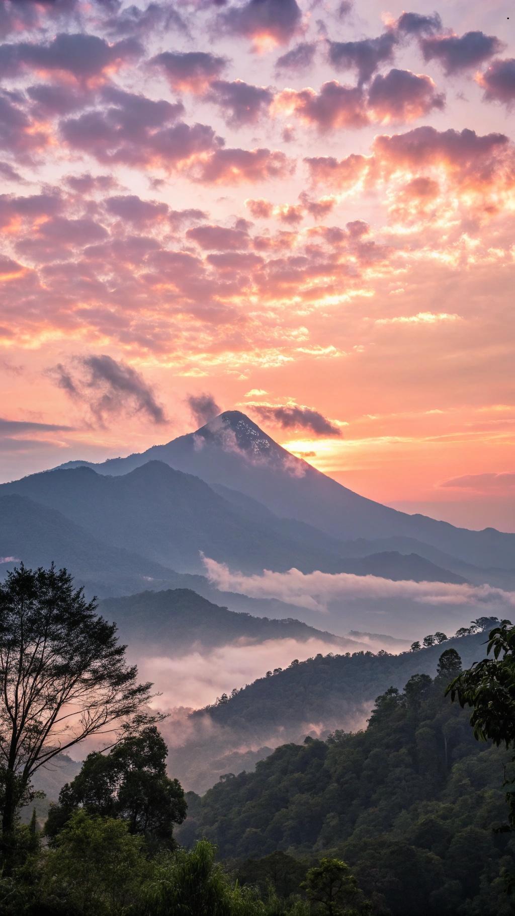 Nascer do sol sobre montanhas enevoadas, simbolizando novos começos mágicos.