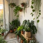 Imagem de um apartamento pequeno com várias plantas de interior em diferentes cantos, criando uma atmosfera aconchegante e verde.