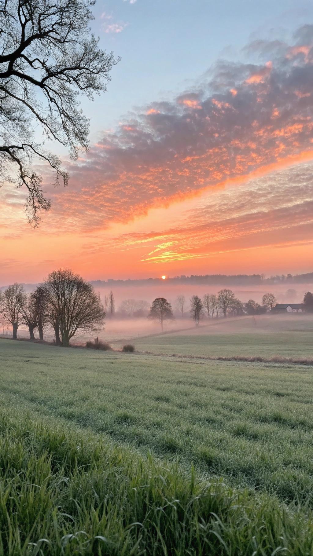 Nascer do sol inspirador sobre um campo tranquilo, simbolizando um mês promissor.