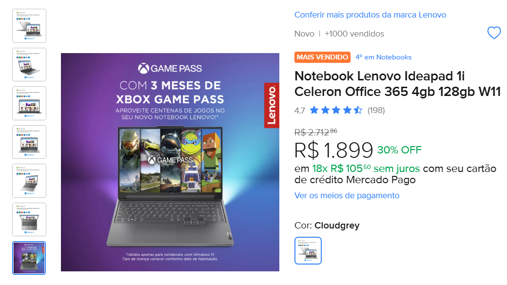 Notebook Lenovo Ideapad 1i Celeron Office 365 4gb 128gb W11 por R$ 1899