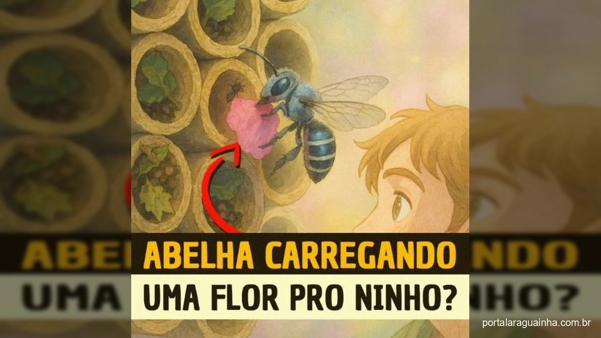 Abelha solitária com pétala rosa construindo ninho em bambu