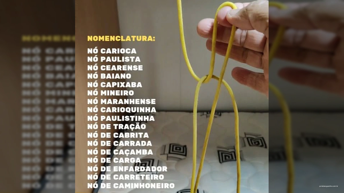 Homem demonstrando como fazer o nó carioca com uma corda amarela