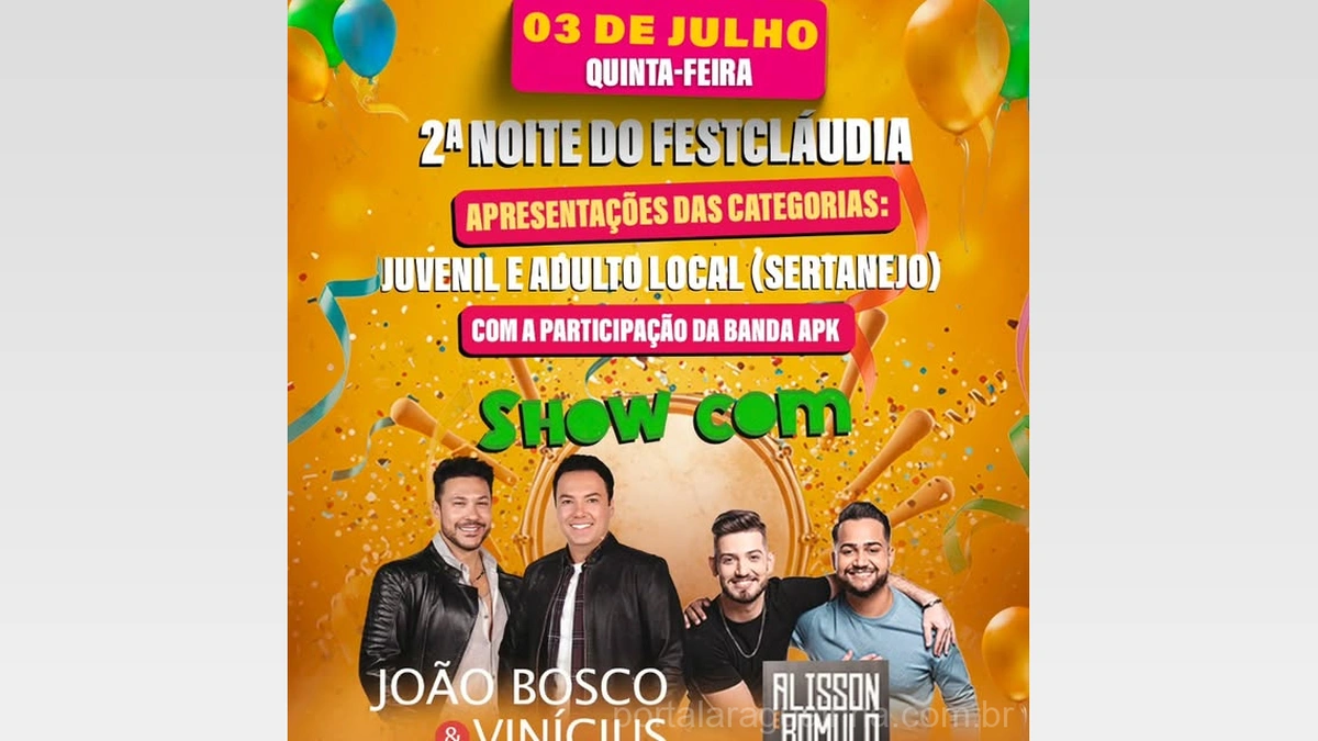 Cláudia em Festa: 2ª Noite do Festcláudia Agita a Cidade com Shows de João Bosco & Vinícius e Alisson e Romulo!