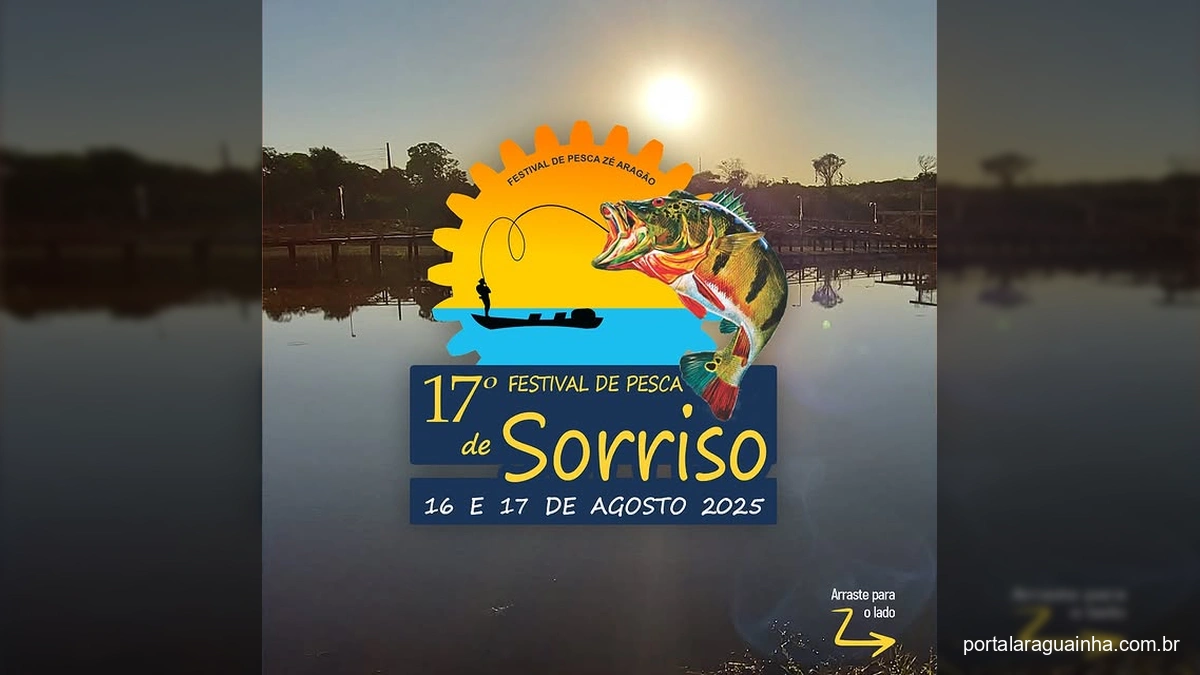 Imagem do cartaz oficial do 17º Festival de Pesca de Sorriso 2025 com pescador, peixe e sol.
