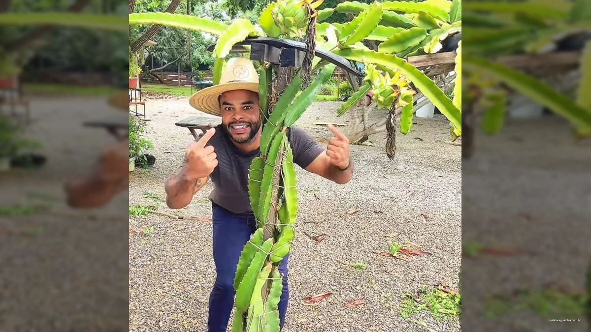 Homem sorridente e planta de pitaya em vaso
