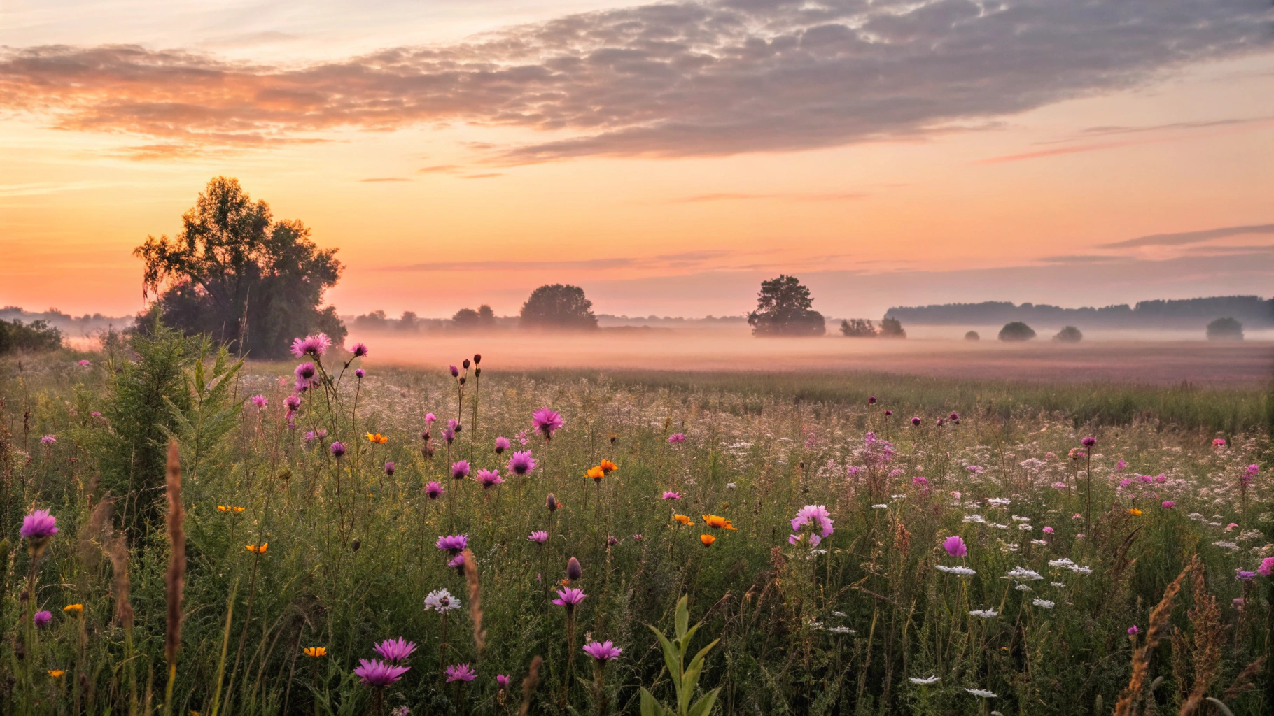 Imagem de um nascer do sol com flores silvestres, representando um novo começo.
