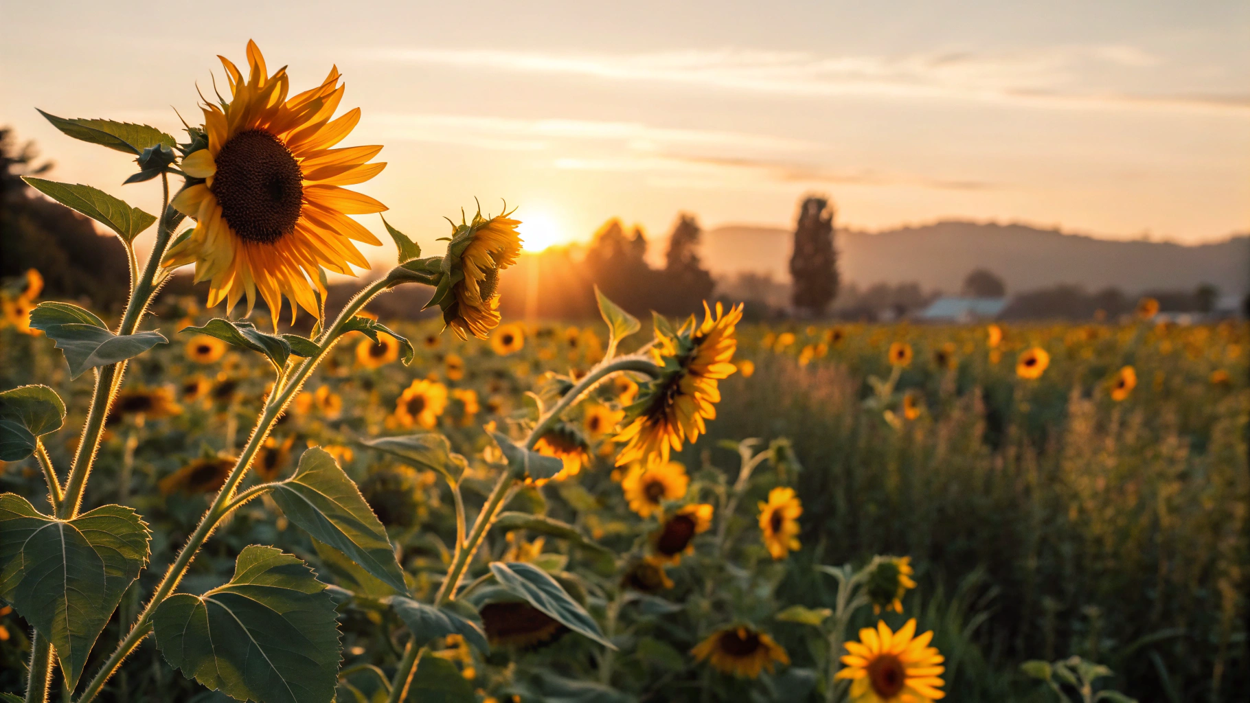 Imagem de um nascer do sol vibrante sobre um campo de girassóis