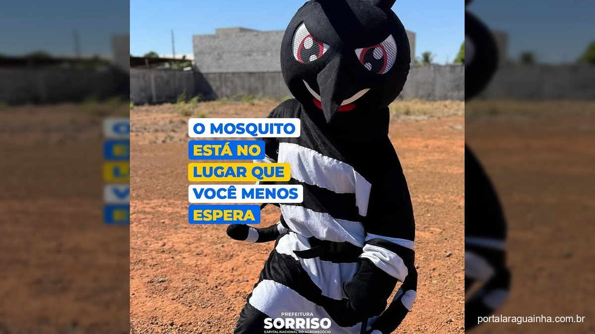 Mascote do mosquito da dengue em campanha de prevenção da Prefeitura de Sorriso