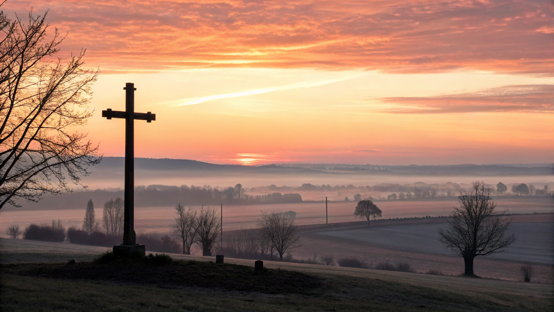 Nascer do sol sobre uma paisagem pacífica com uma silhueta de cruz.