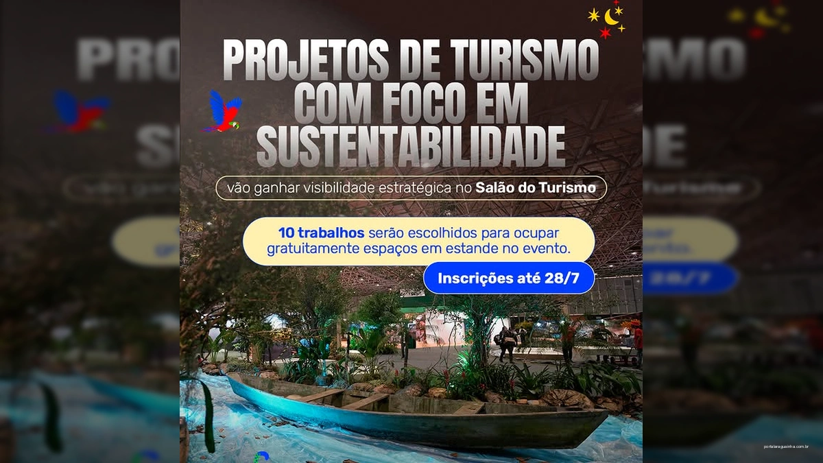 Ilustração de onça verde, barco e arara colorida em cenário natural, representando a iniciativa de sustentabilidade do Ministério do Turismo.