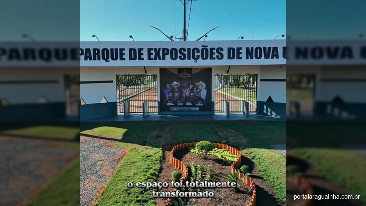 Vista aérea do Parque de Exposições de Nova Ubiratã completamente revitalizado, com novas edificações, palcos, iluminação e áreas de paisagismo, pronto para grandes eventos.