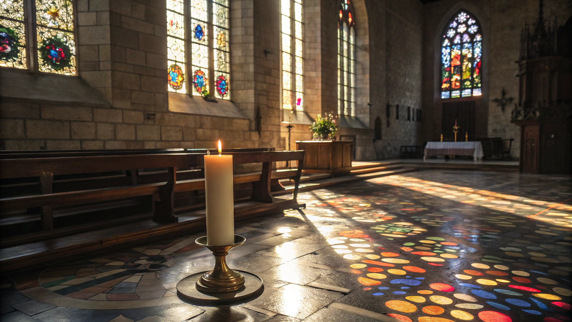 Imagem de uma igreja iluminada pelo sol da manhã, representando paz e fé.