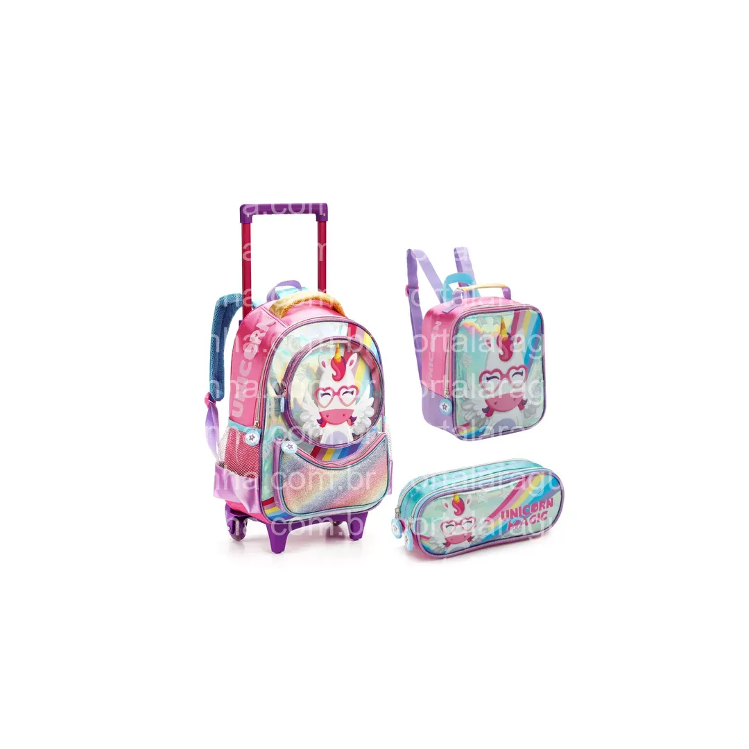 Kit Mochila De Rodinha Unicornio Arcoires 46cm 3 peças