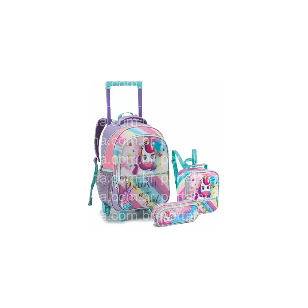 Kit Mochila Infantil 16 + Estojo + Lancheira Unicórnio Pop DLX