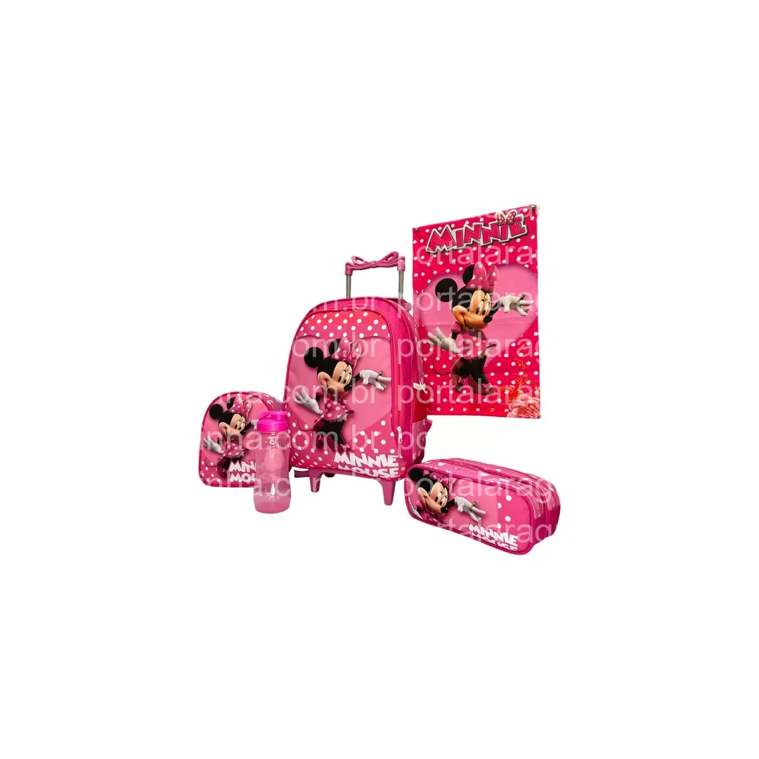 Kit Mochila Minnie Rosa Escolar Mala Infantil Rodinhas