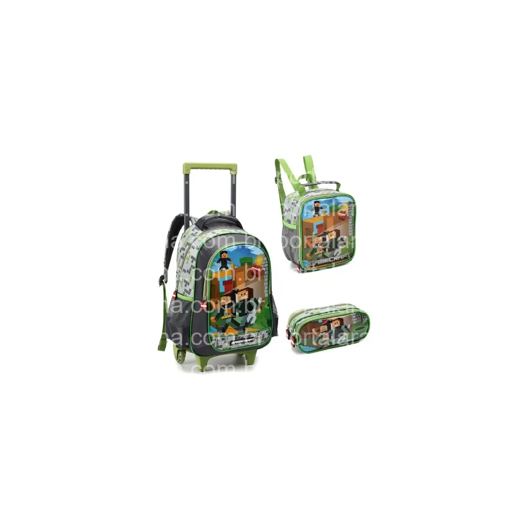 Kit Mochila Rodinha Infantil Escolar Minecraft Game 3 Peças