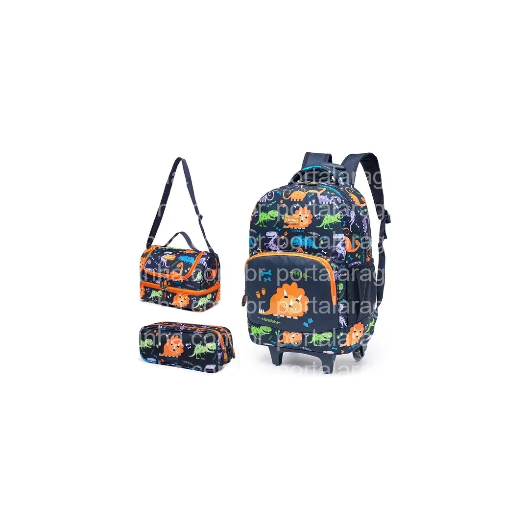 Mochila De Rodinhas C/ Lancheira Estojo Infantil Escolar Cor Azul/verde Dino